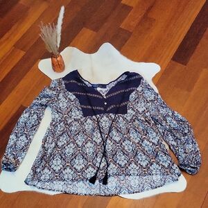 Floral Navy & White Boho Top M